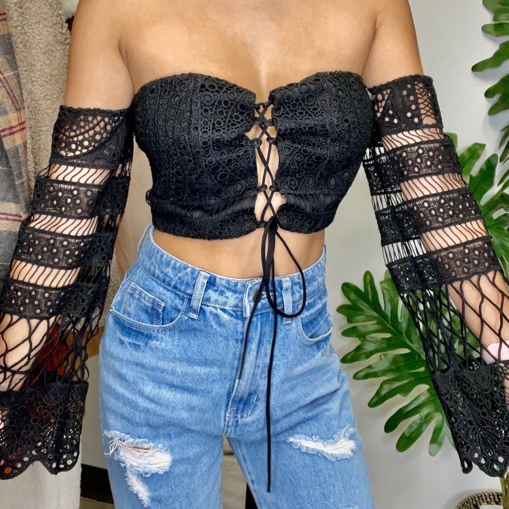 Small black lace long sleeve off shoulder top